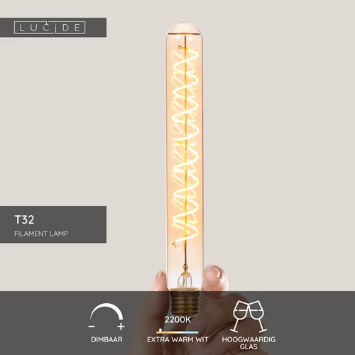 Lucide T32 - Filament lamp - Ø 3,2 cm - LED 3 StepDim (Memory) - E27 - 1x4,9W 2200K - Amber - USP